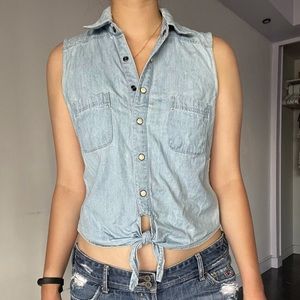 Sleeveless jean tie front top with lace back